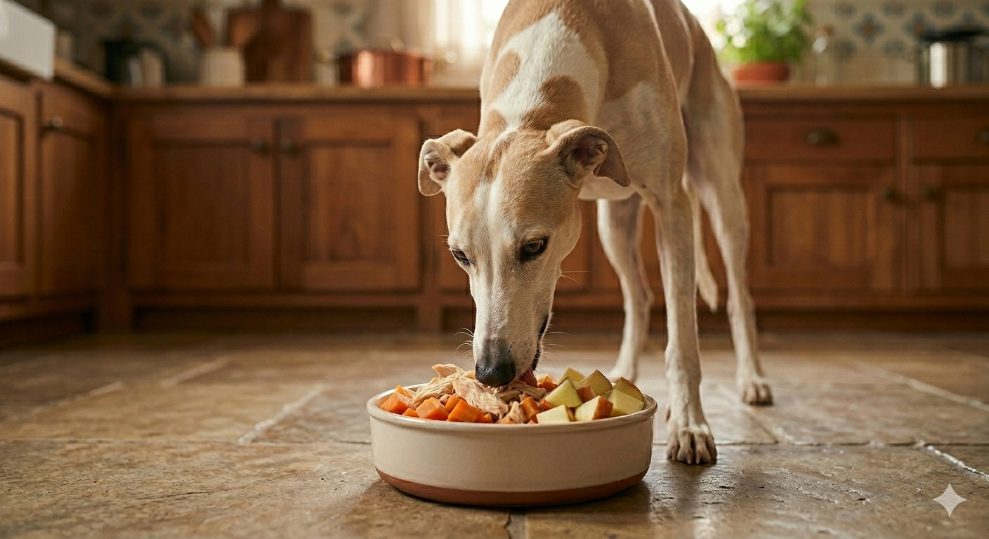 Galgo comiendo alimentos seguros, zanahoria pollo y manzana