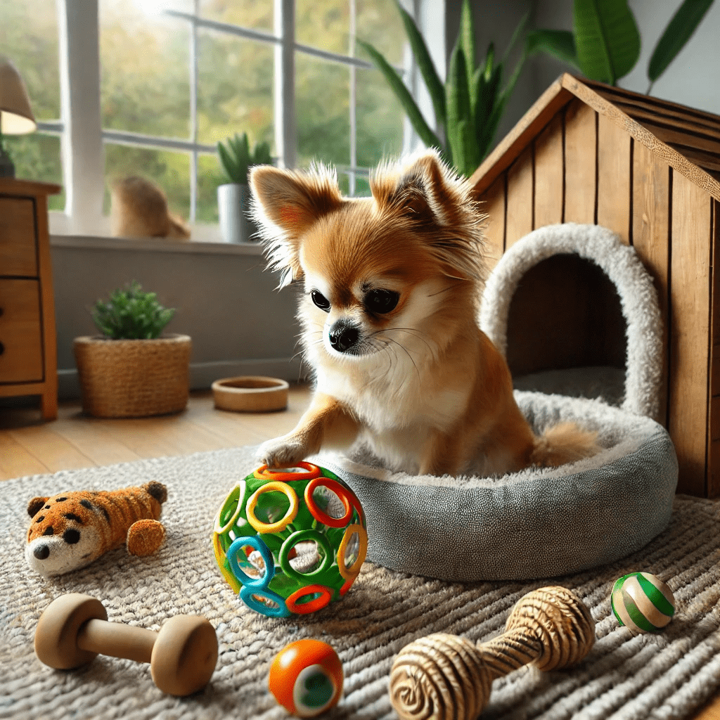 Ansiedad en perros. Chihuahua con juegos interactivos para descomprimir la ansiedad. 