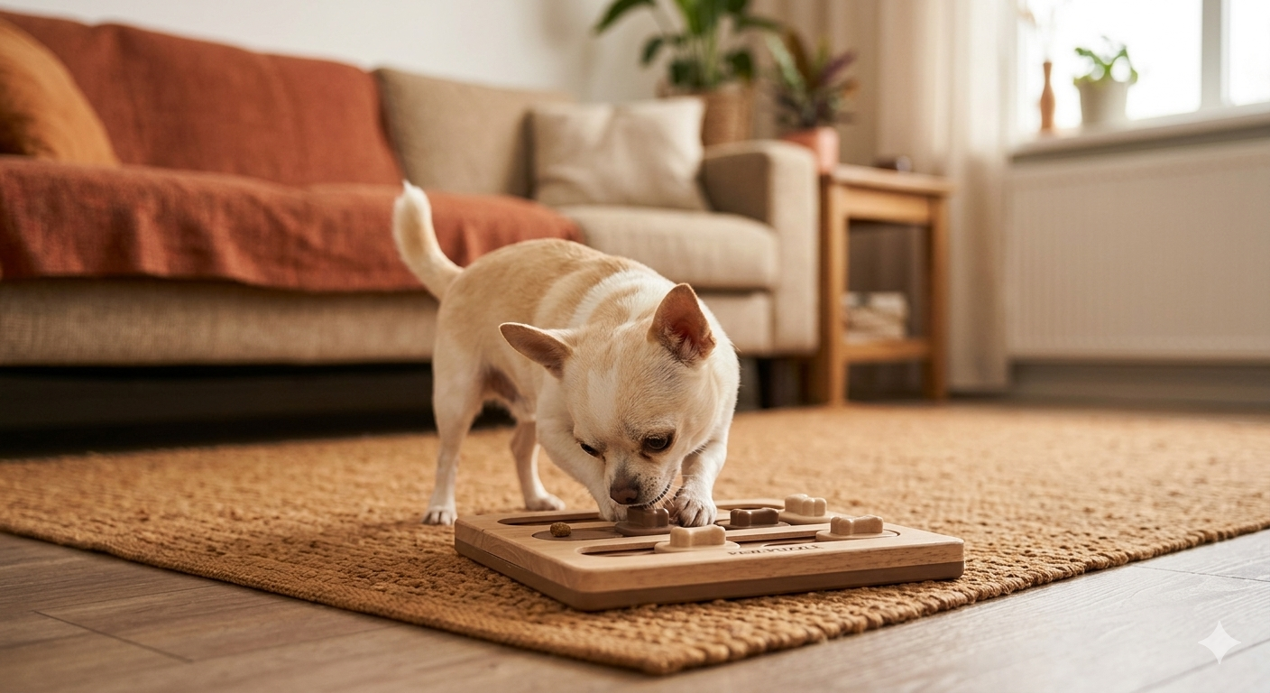 Ansiedad en perros. Chihuahua con juegos interactivos para descomprimir la ansiedad.
