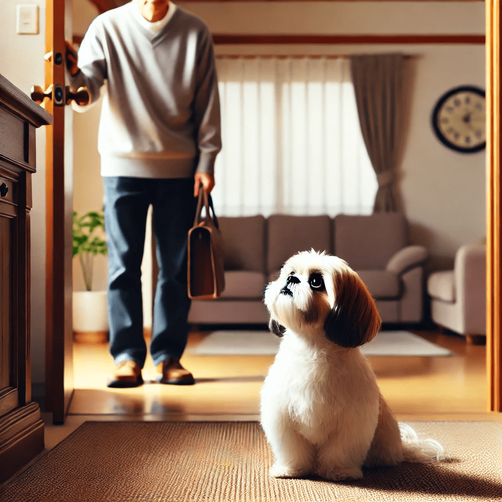 Ansiedad enperros. Shih Tzu se pone ansioso anticipando la partida de su dueño.