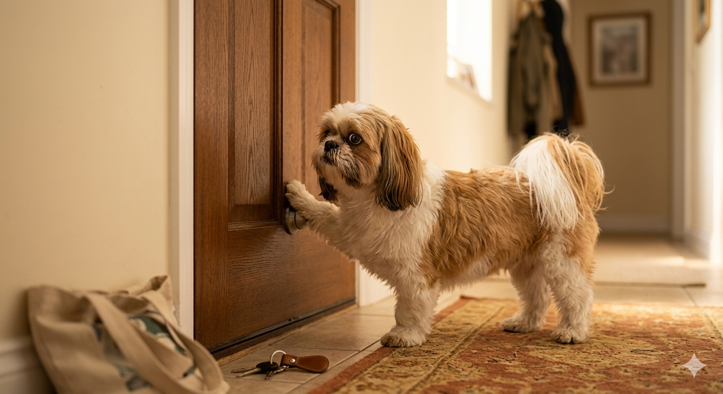 Ansiedad enperros. Shih Tzu se pone ansioso anticipando la partida de su dueño.