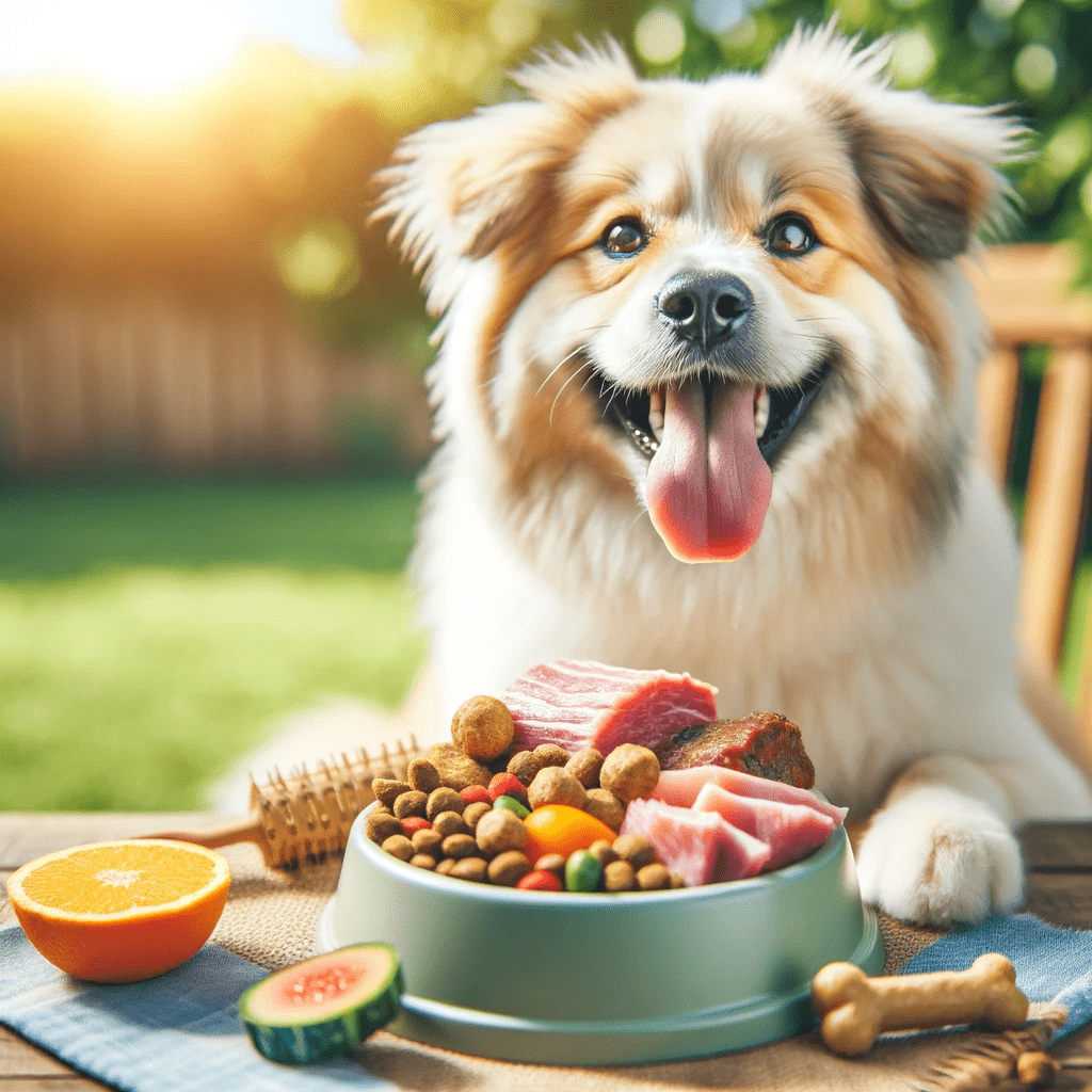 Comida natural para perros. Perro posando con su comedero de comida organica. 