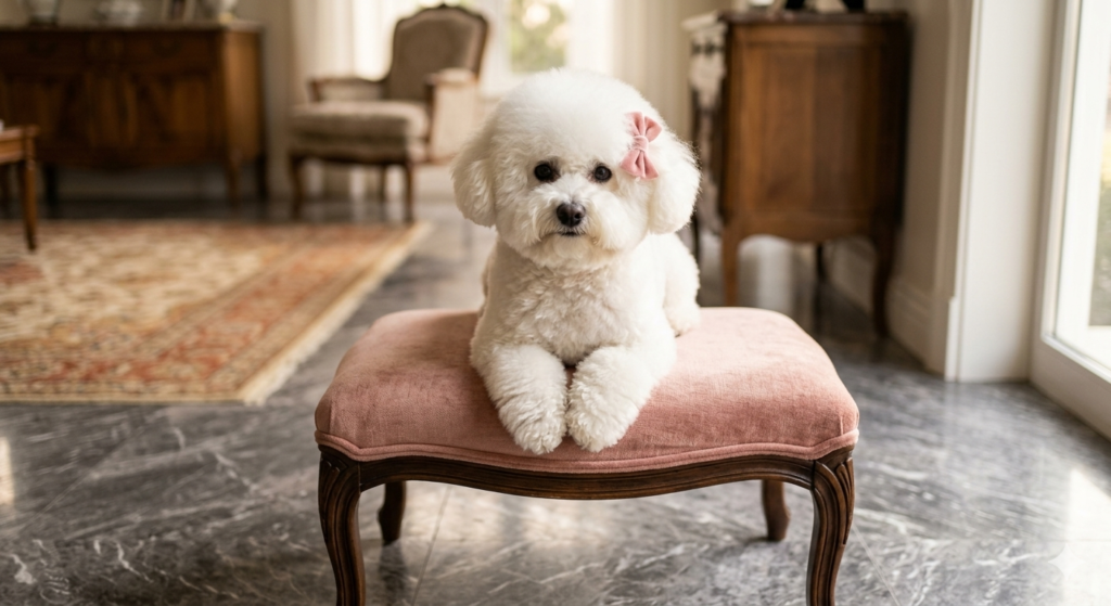 bichon frise posando sobre su banco rosa