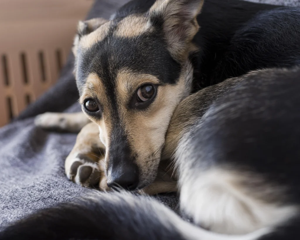 perro en su cucha esperando que terminen los fuegos artificales