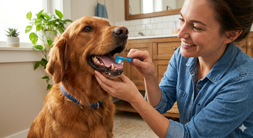 Perro con boca abierta mientras su dueña le cepille los dientes con un cepillo pequeño de color azul