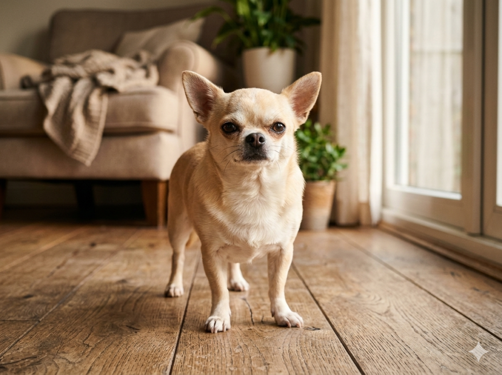 Chihuahua parado con postura segura y expresión valiente en un ambiente hogareño cálido