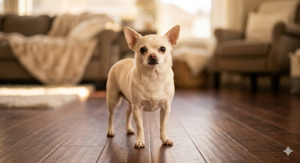 Chihuahua parado con postura segura y expresión valiente en un ambiente hogareño cálido