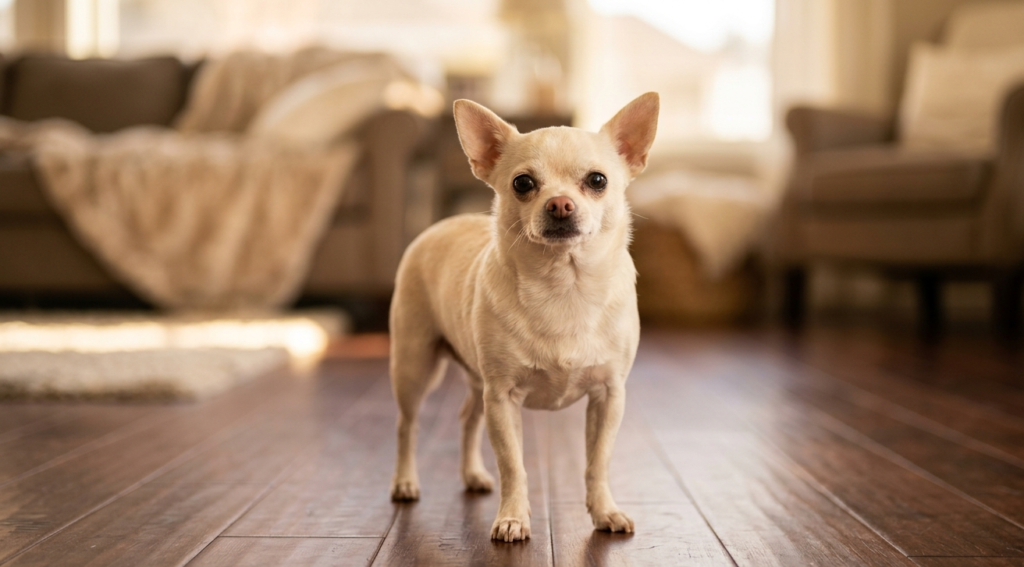 Chihuahua parado con postura segura y expresión valiente en un ambiente hogareño cálido