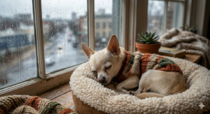 Chihuahua abrigado con suéter de lana acostado en su cama cerca de una ventana lluviosa