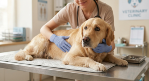 Por que mi perro tiembla? Golden Retriever sobre la camilla del veterinario siendo revisado con cuidado