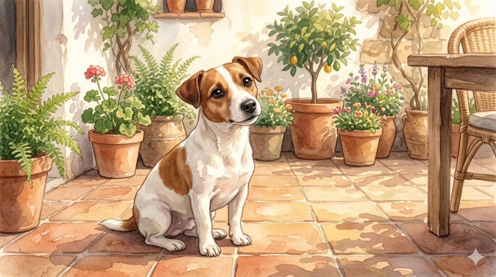 Jack Russell Terrier sentado en un patio soleado con plantas y macetas, ilustración en acuarela