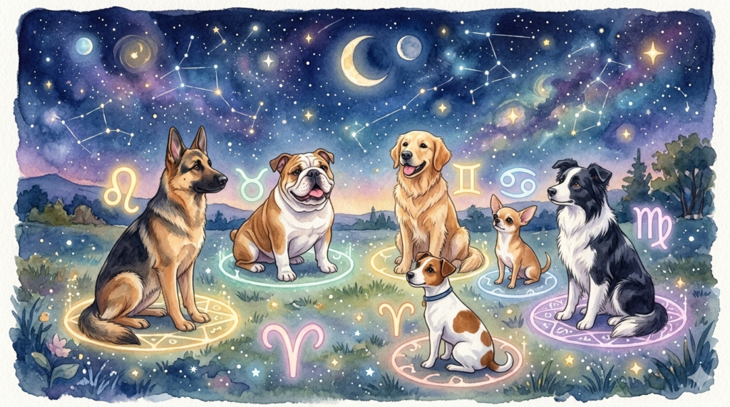 Seis razas de perros con sus signos del zodiaco bajo un cielo estrellado y la luna
