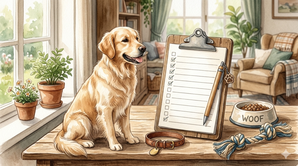 Perro golden retriever sentado junto a una libreta de notas con una lista de verificación