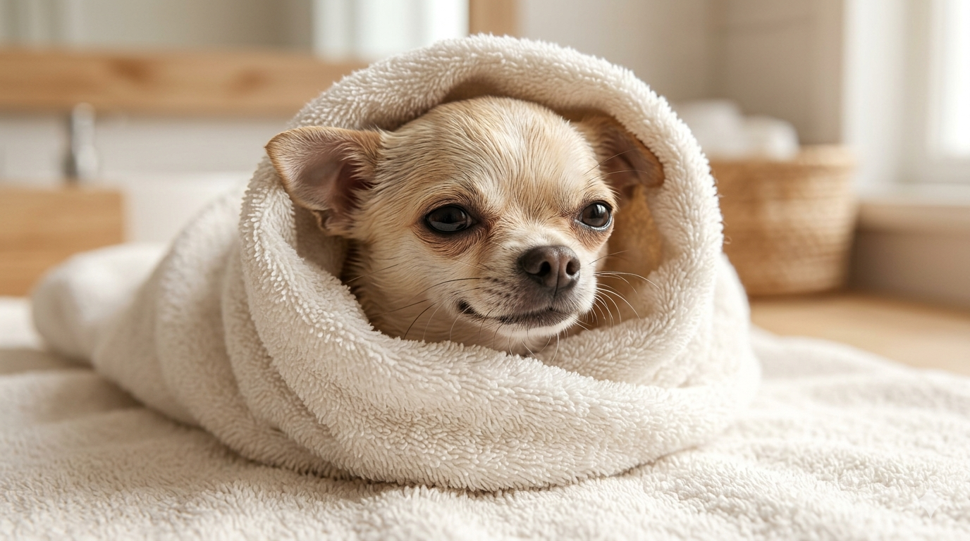 Chihuahua envuelto en toalla blanca después del baño