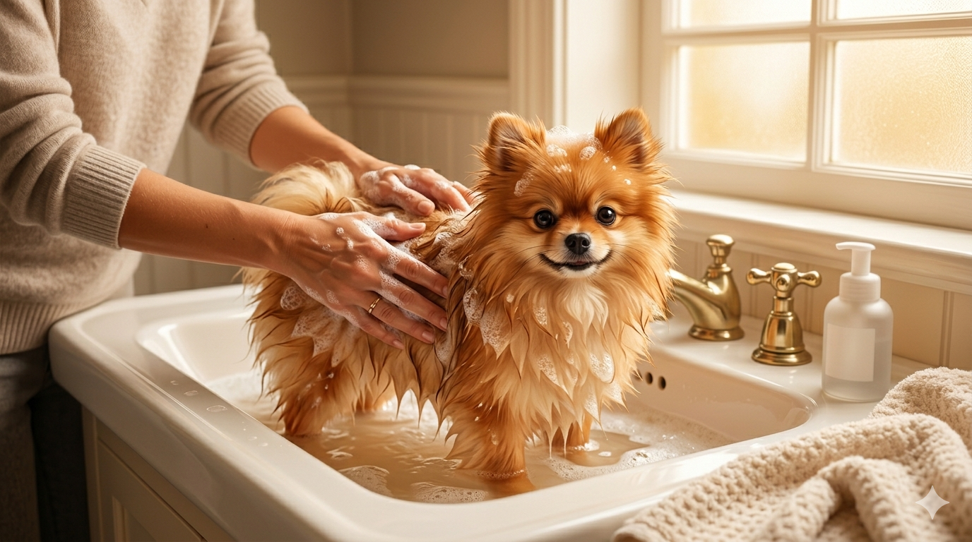Cachorro Pomerania siendo bañado con agua tibia y shampoo suave