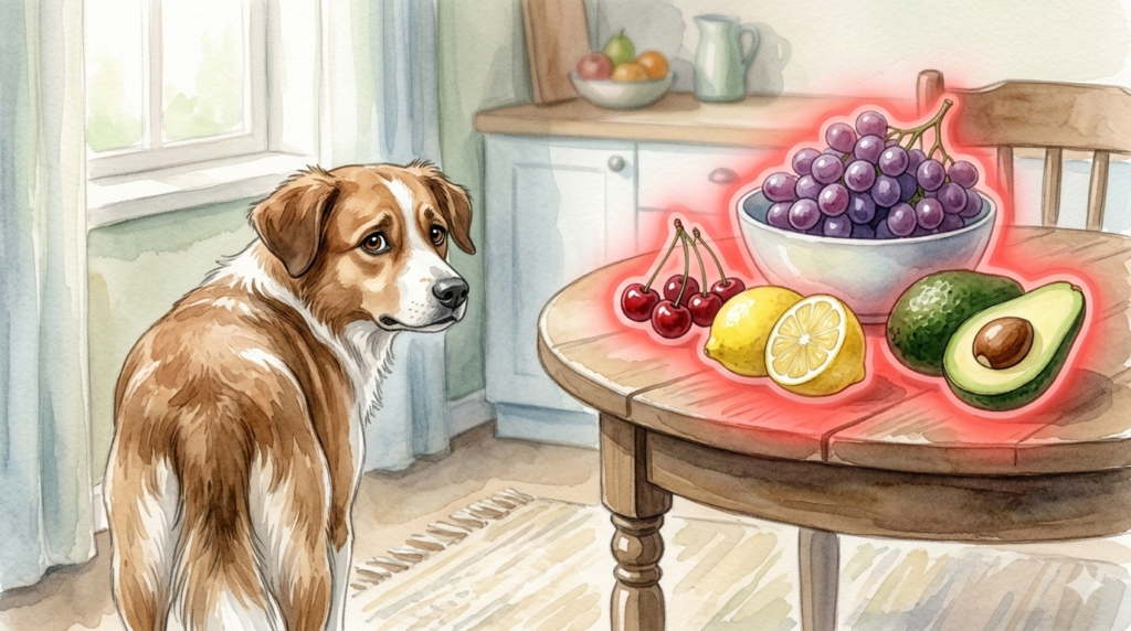 Perro dando la vuelta ante una mesa con uvas y limones, frutas peligrosas que no deben comer los perros