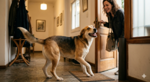 Perro moviendo la cola con emoción al recibir a su dueño en la puerta de casa