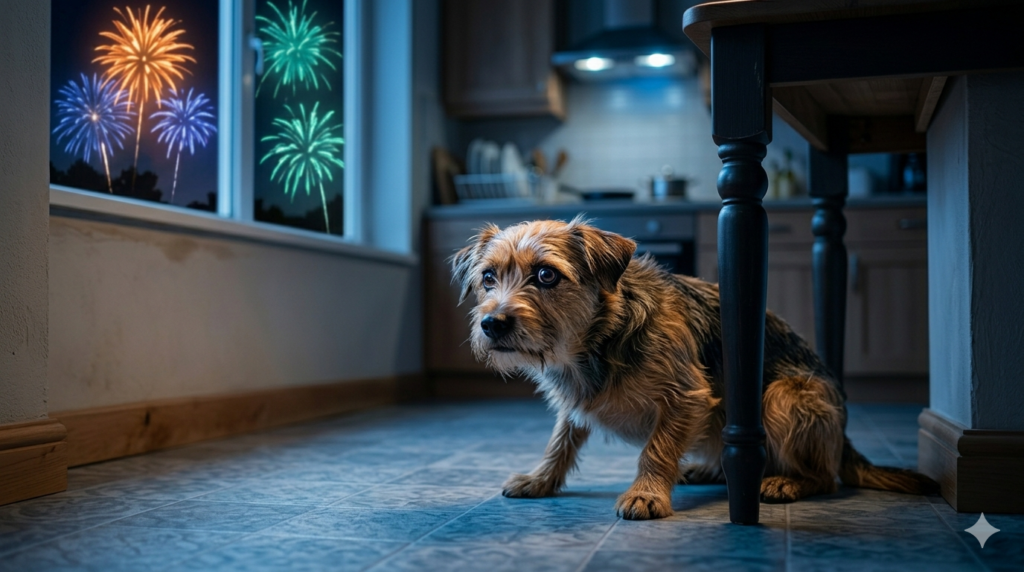 Perro pequeño agachado con miedo en el piso de una cocina mientras se ven fuegos artificiales por la ventana