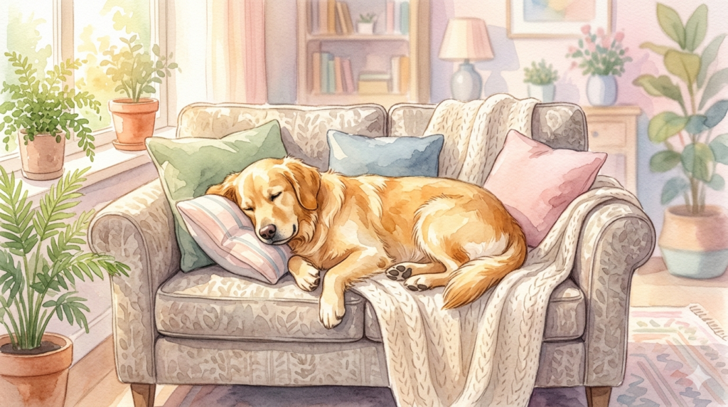 perro golden retriever durmiendo profundamente sobre una manta suave en tonos pastel