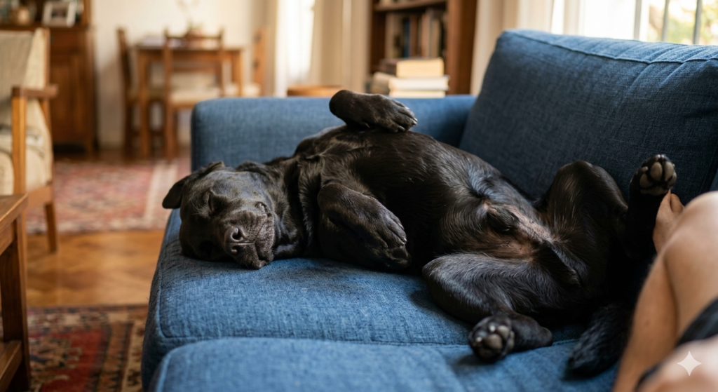 perro negro durmiendo profundamente sobre una manta suave en tonos pastel