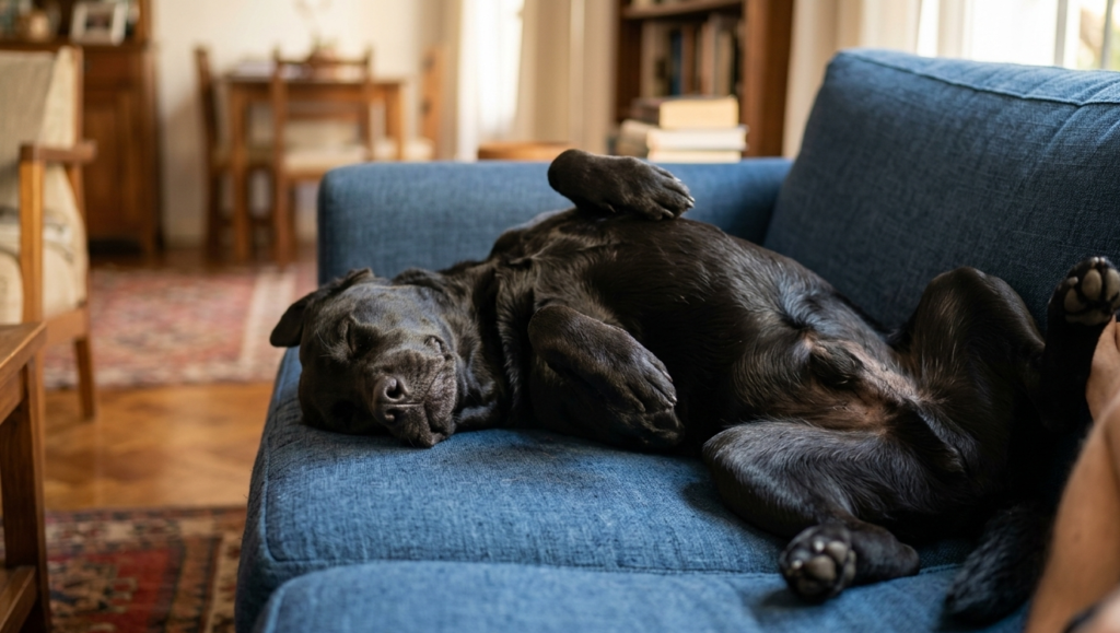 perro negro durmiendo profundamente sobre una manta suave en tonos pastel